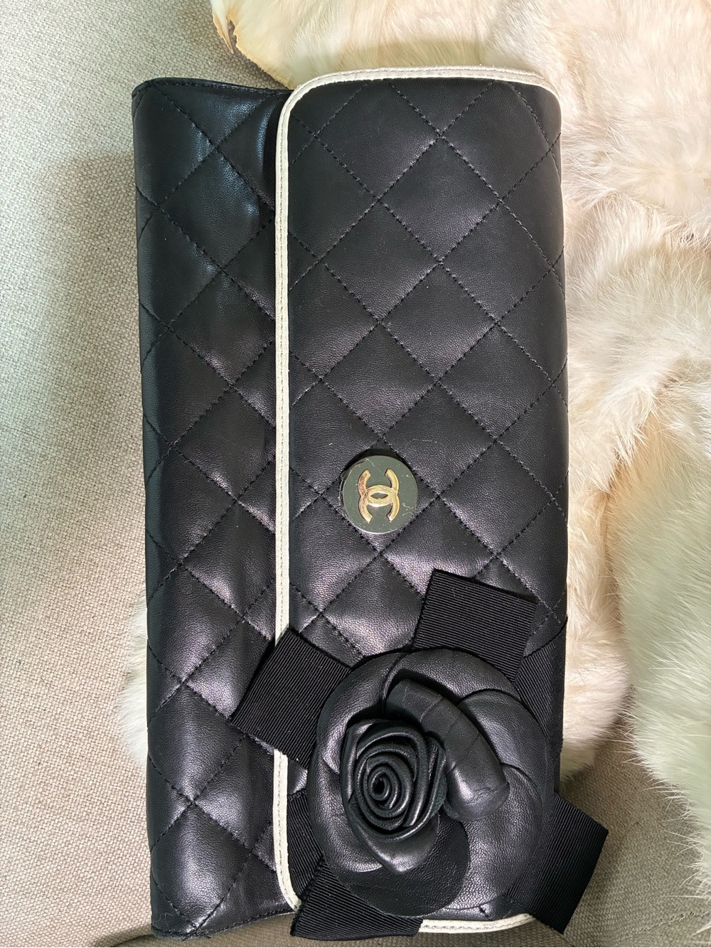 UPCYCLED Black Quilted Leather Camellia Clutch with Ivory Trim and Gold CC
